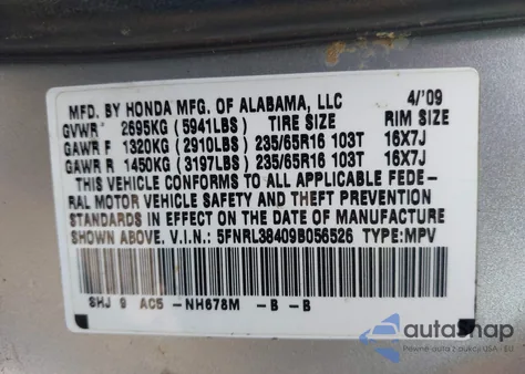 2009 Honda Odyssey Ex из США, поврежденный, VIN 5FNRL38409B056526